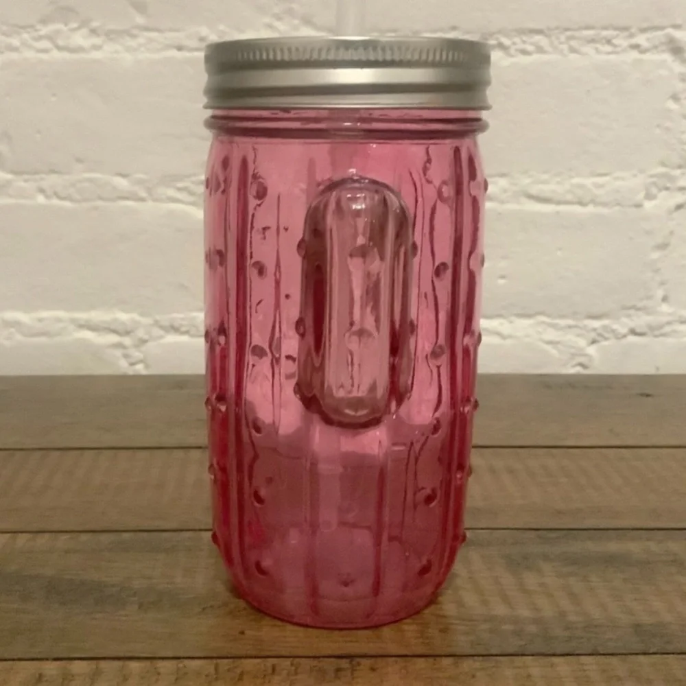 Pier 1 Imports Glass Tumbler Pink Cactus Shape Mason Jar Drinkware 16fl oz